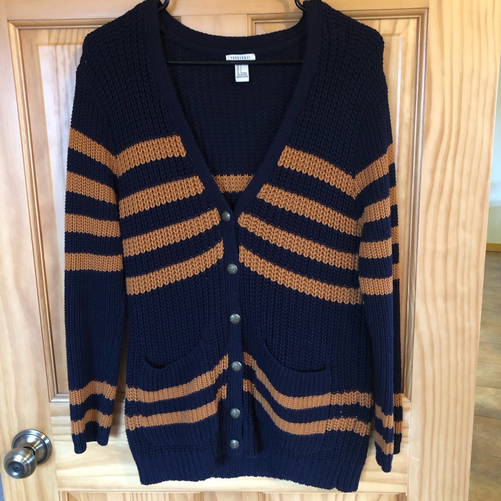 Navy and Brown Striped Women's Sweater